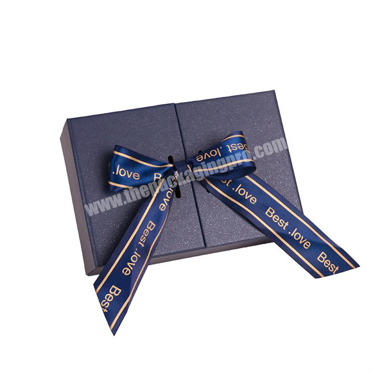 In Stock Luxury Two Doors Opened Rigid Cardboard Cosmetic Packaging Gift Box with Ribbon