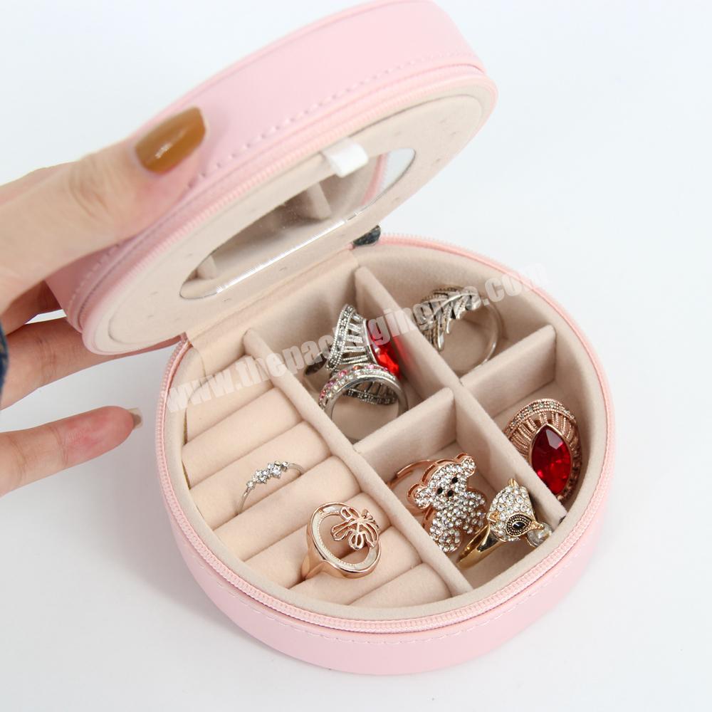 Leather travel cardboard ring jewelry box custom logo zipper round jewelry box packaging ring gift set luxury jewelry ring box