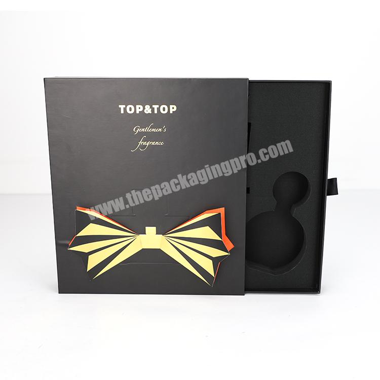 Logo Custom High-end Black Perfume Set Packaging Sliding Drawer Paper Gift Box with Three-dimensional Bow