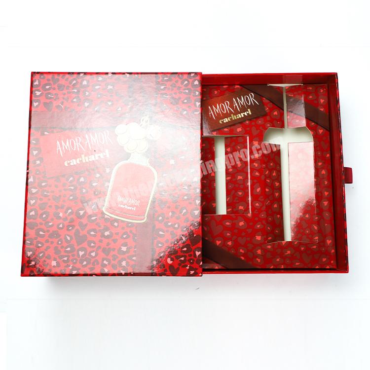 Logo Custom Wholesale Printing Red Sliding Out Perfume Packaging Rigid Cardboard Drawer Box with Tray