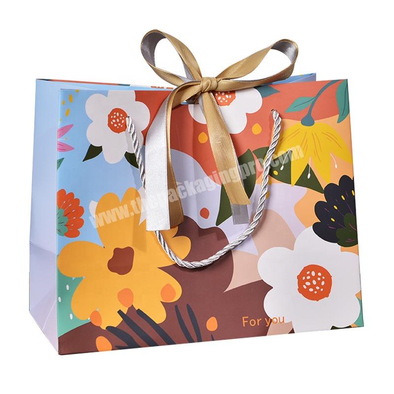 Luxury Colorful Flowers And Birds Series Novel Double Ribbon Paper Gift Shopping Bag For Kids