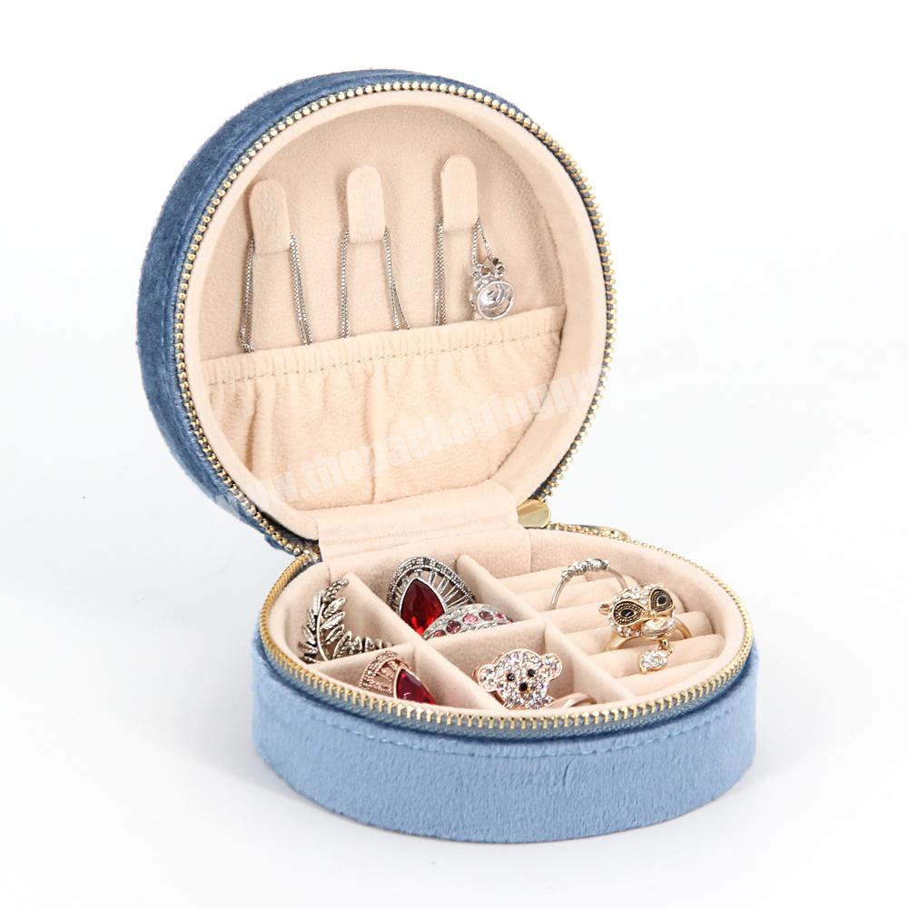 Luxury round velvet zipper travel ring necklace jewelry box design green jewelry set ring box paper packaging custom jewelry box