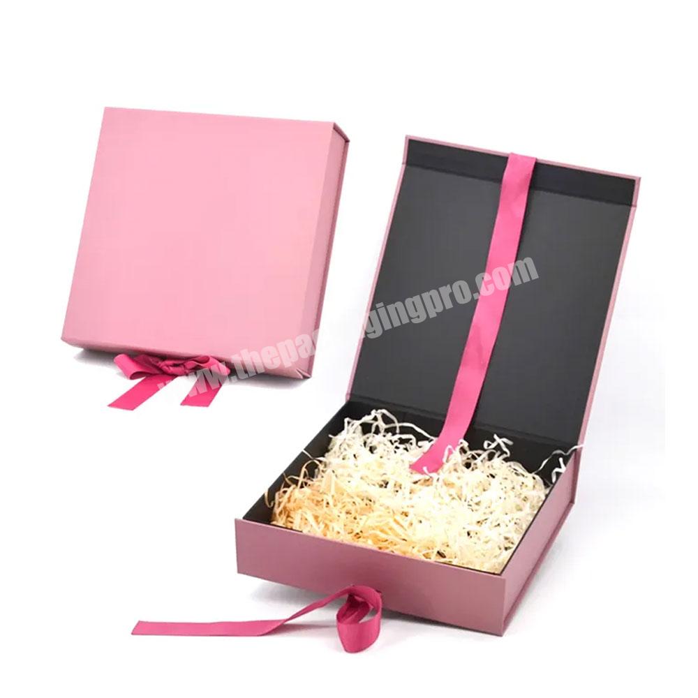 Luxury small kraft folding set apparel gift box with ribbon black magnetic lid gift box packaging clothing custom magnetic box