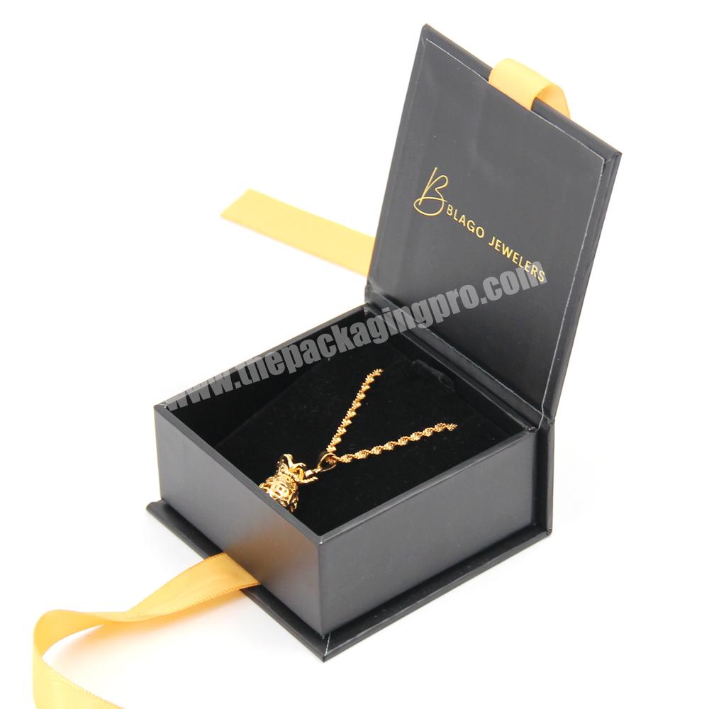 Luxury wedding ring gift jewelry packaging box with ribbon flip black velvet jewelry boxes packaging ring custom jewelry box
