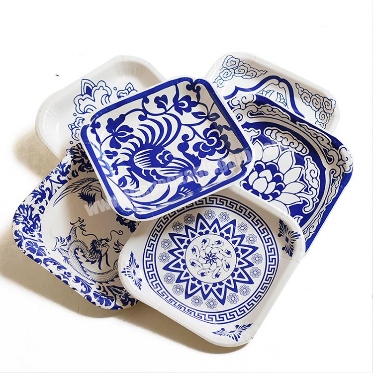 New Chinese Style Blue and White Disposable Porcelain Paper Plate Retro Party Plate Wedding Lace Plate