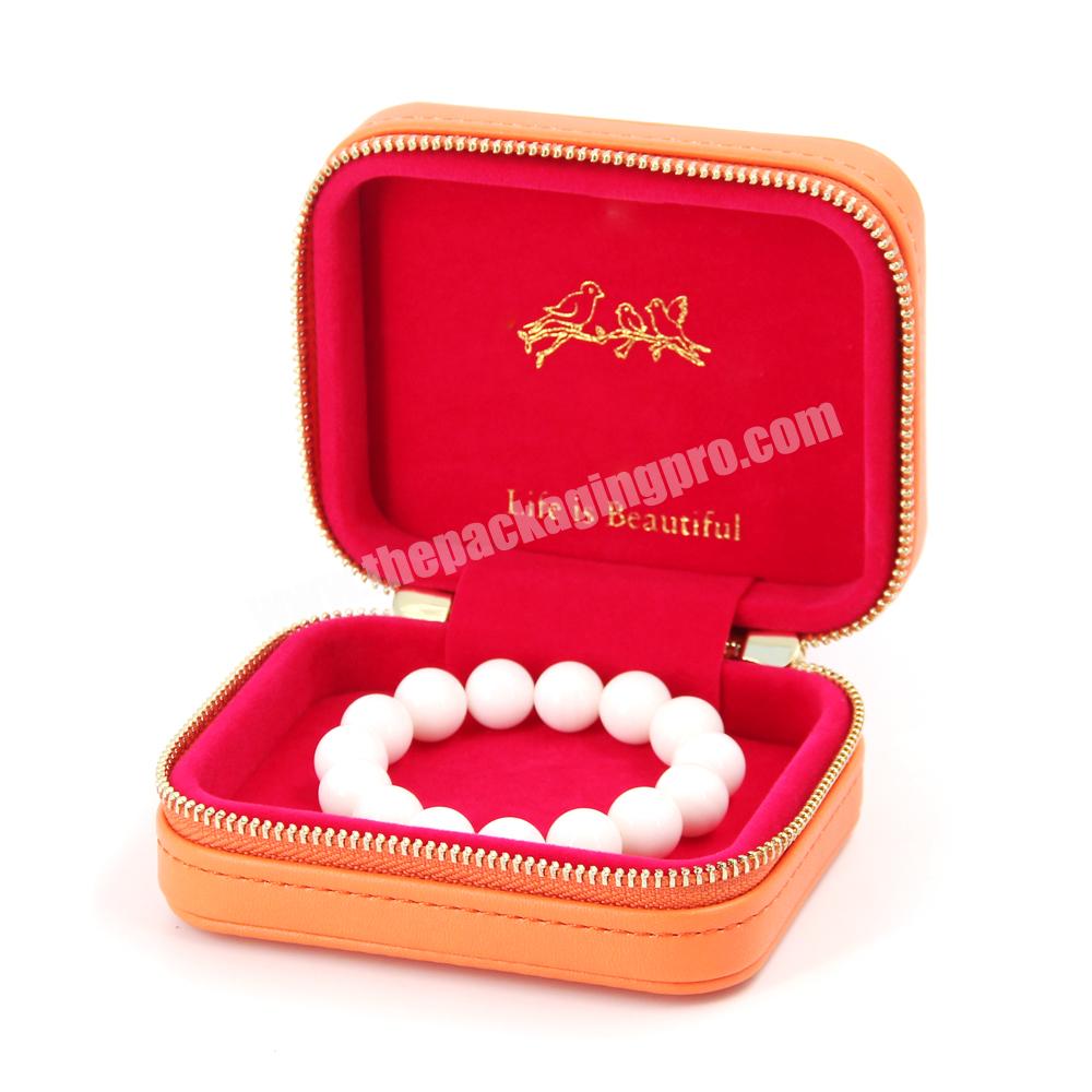 Orange leather zipper design custom travel jewelry box packaging bracelet jewelry storage box bracelet set jewelry packaging box