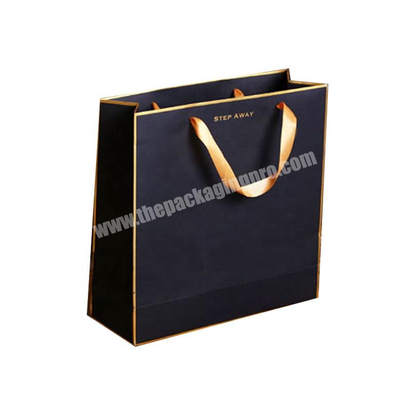 Personality Brand Logo Printed Black Luxury Shopping Packaging Clothing Gift Paper Bags with Ribbon Handles
