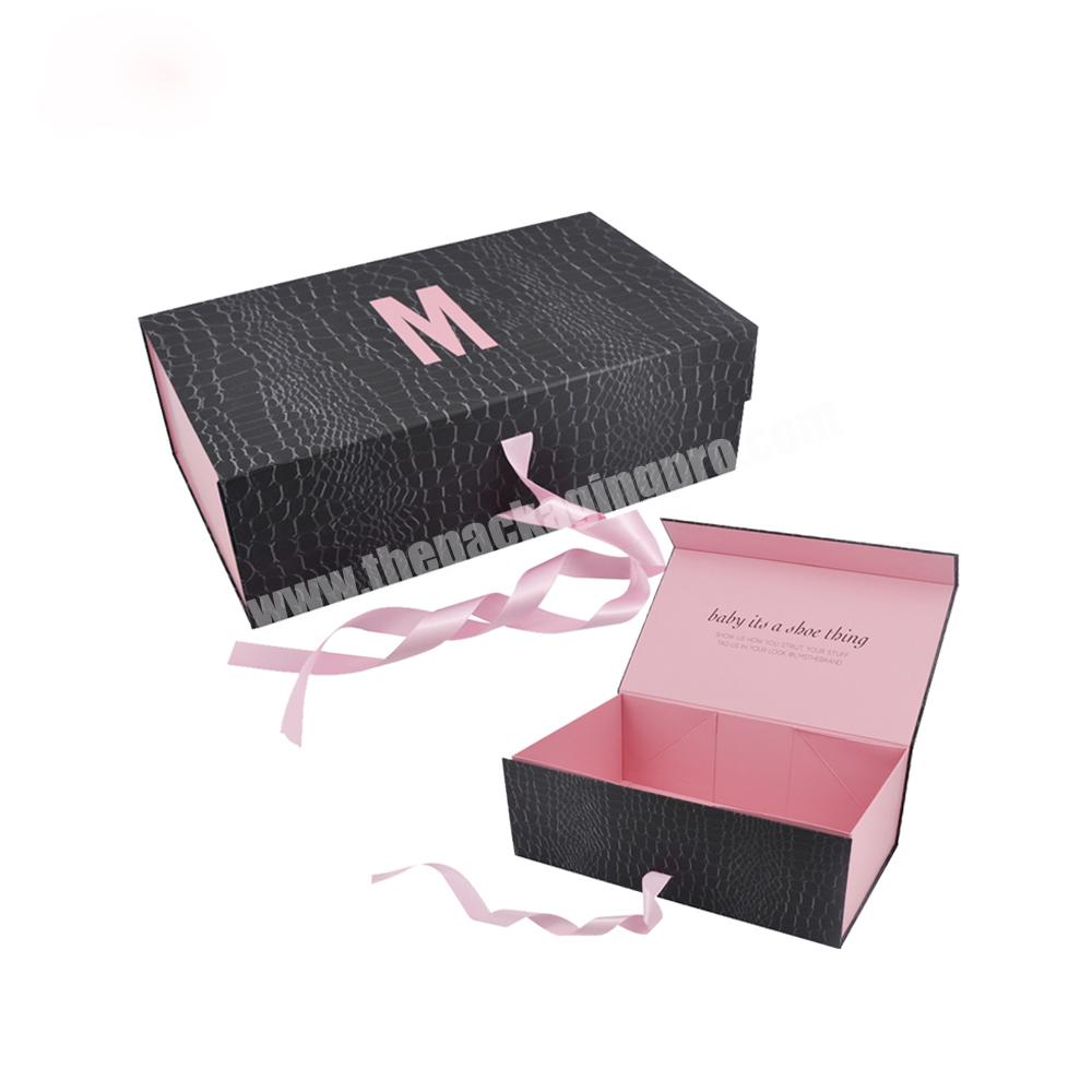 Ribbon folding box luxury custom design logo pink magnetic paper cardboard carton shoe flap gift box