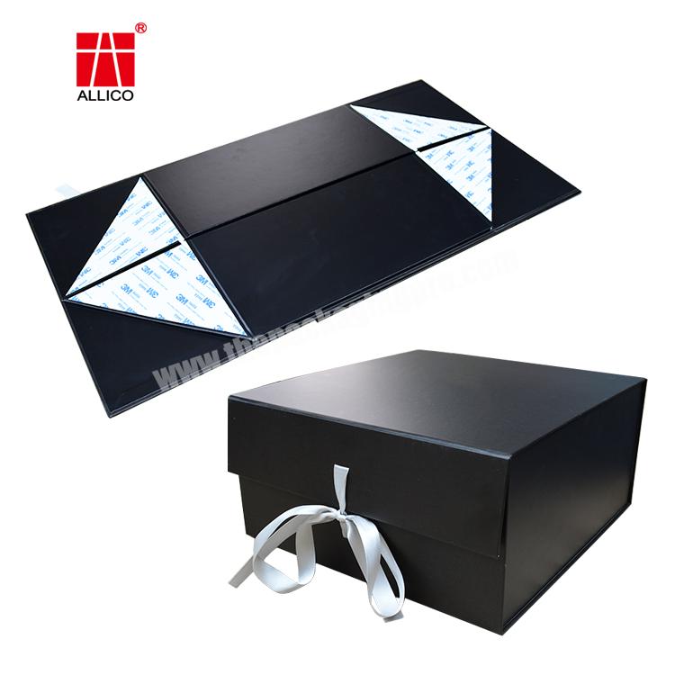 Rigid cardboard gift boxes with ribbon and magnetic lid gift packaging flat packing folding box for clothes shoe and handbags