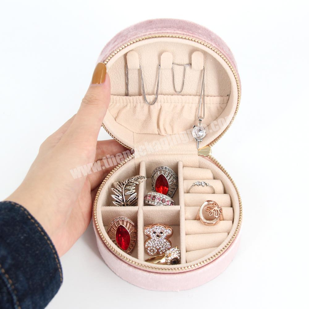 Round travel velvet necklace ring box luxury jewelry box storage ring necklace gift set logo custom pink mini travel jewelry box