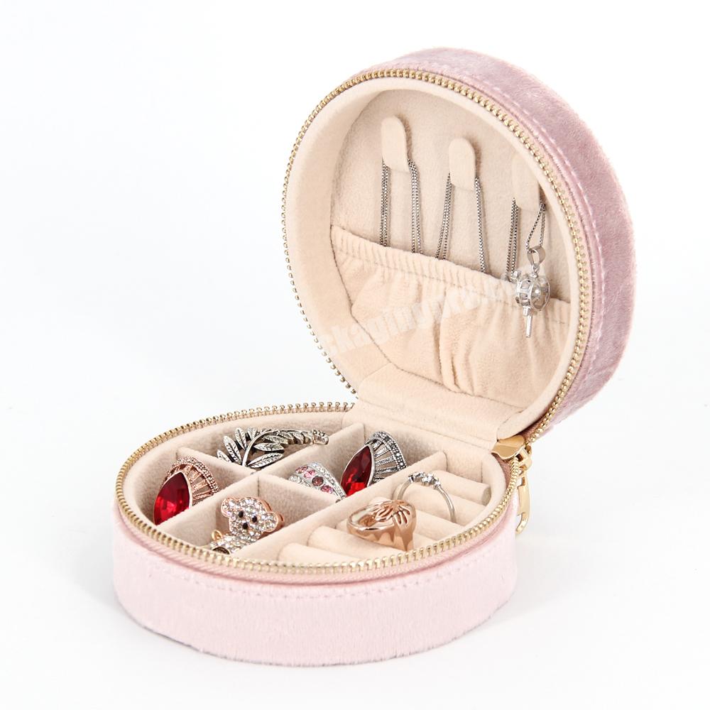 Round velvet zipper custom logo printed ring jewelry box velvet travel jewelry ring gift box packaging luxury ring jewelry boxes