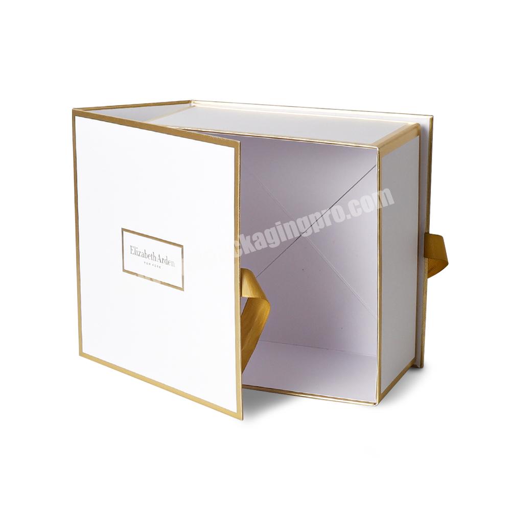 White Custom Logo Design Magnetic Sealing Cardboard Packaging Flap Gift Box With Ribbon