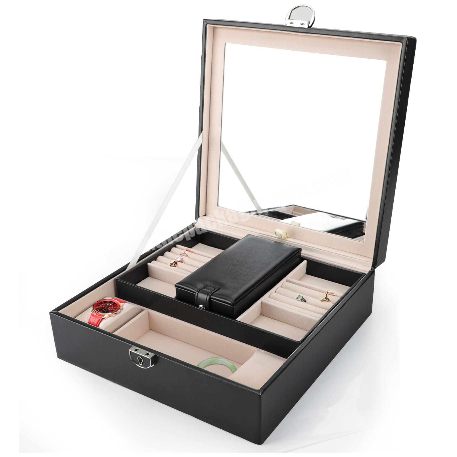 Wholesale Black Multifunction 2 Layers Pu Leather Jewelry Storage Box With Big Mirror