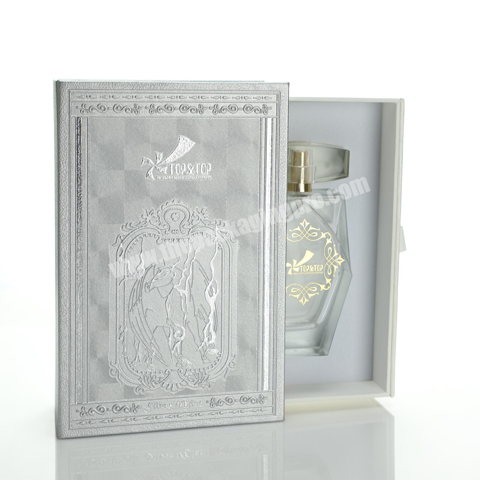 design custom unique silver drawer cardboard luxury perfume box perfumer paper box for logo
