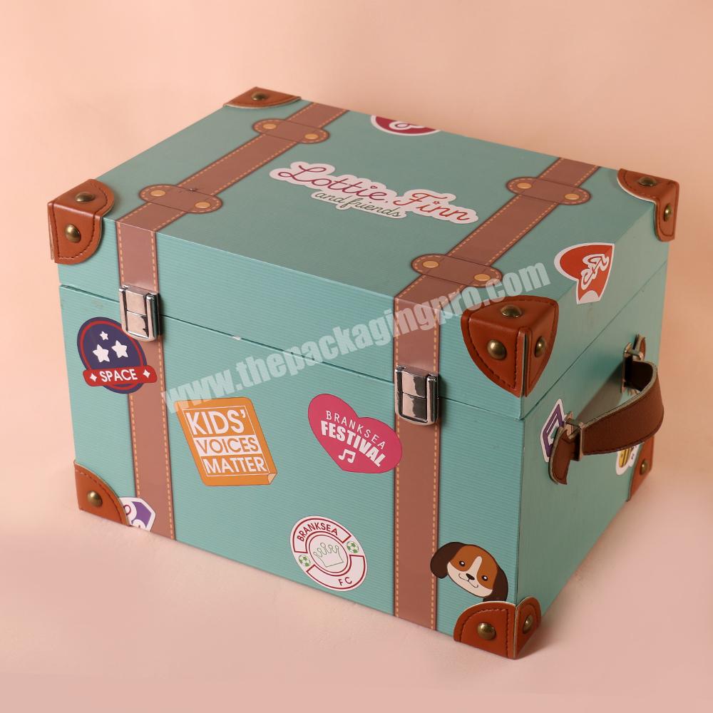 large custom grey paper cardboard mini package kids suitcase shaped storage packaging gift box with handle