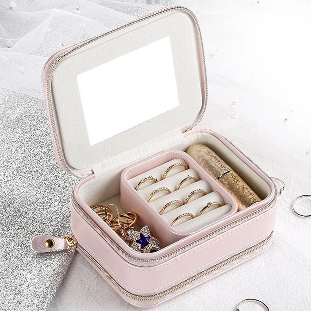 luxury cardboard  Bridesmaid ring Zipper Jewelry Personalized Storage Leather Travel Jewelry Case custom Jewelry Box With Mirror