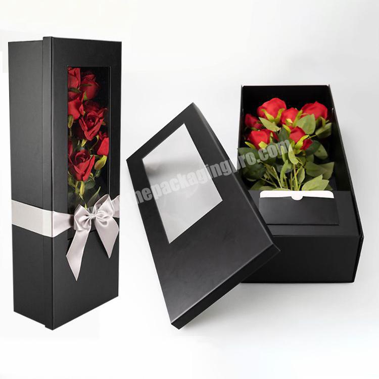 luxury custom logo square black foldable flower hard paper box with ribbon big packaging gifts boxes for bouquets