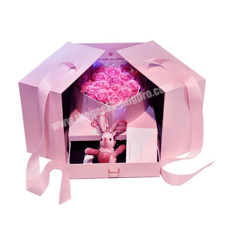 luxury mini jewelry flower paper gift boxes set transparent decoration 2 layer rose flower hat box with drawer