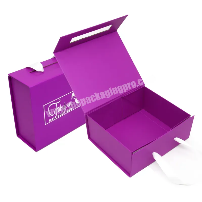 Custom Luxury Hardbox Cardboard Magnetic Lid Purple Paper Gift Box With  Handle Foldable Rigid Hard Box