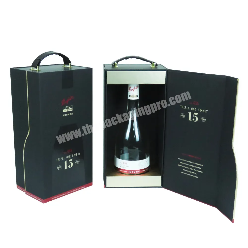 Custom Rigid Paper Cardboard Magnetic Gift Box With Leather Handle Luxury Wine Liquor Packaging - Buy Magnetic Wine Box Packaging,Wine Packaging Box With Handle,Rigid Paper Wine Packaging Magnetic Closure Box.