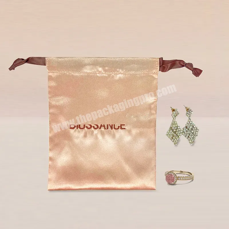 Champagne Silk Satin Drawstring Bag Custom Logo Packaging Bags