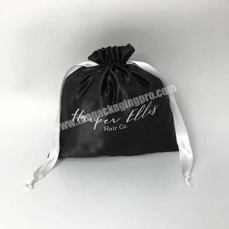 Custom Silk Satin Black Drawstring Printing Gift Satin Bag Cosmetic Pouch Bag With White Logo - Buy Silk Stain Drawstring Packaging Bag,Custom Satin Bags,Cosmetic Satin Pouch.