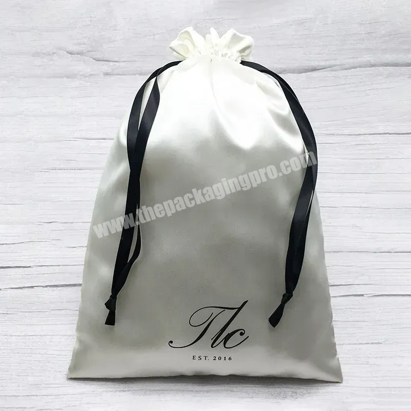 Promotional Custom Black Logo Printed Hair Gift Packaging Satin Bag Luxury Cosmetic Wig Collection Drawstring Pouch - Buy Satin Hair Bag,Satin Drawstring Bag,Gift Packaging Pouch.
