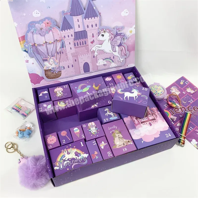 Custom 24 Days Advent Calendar Box Purple Packaging Children Gift Box Unicorn Countdown Calendar Box For Girl - Buy 24 Days Of Surprises Gifts Box,Advent Calendar For Kids,Diy Christmas Advent Calendar Box For 2023.