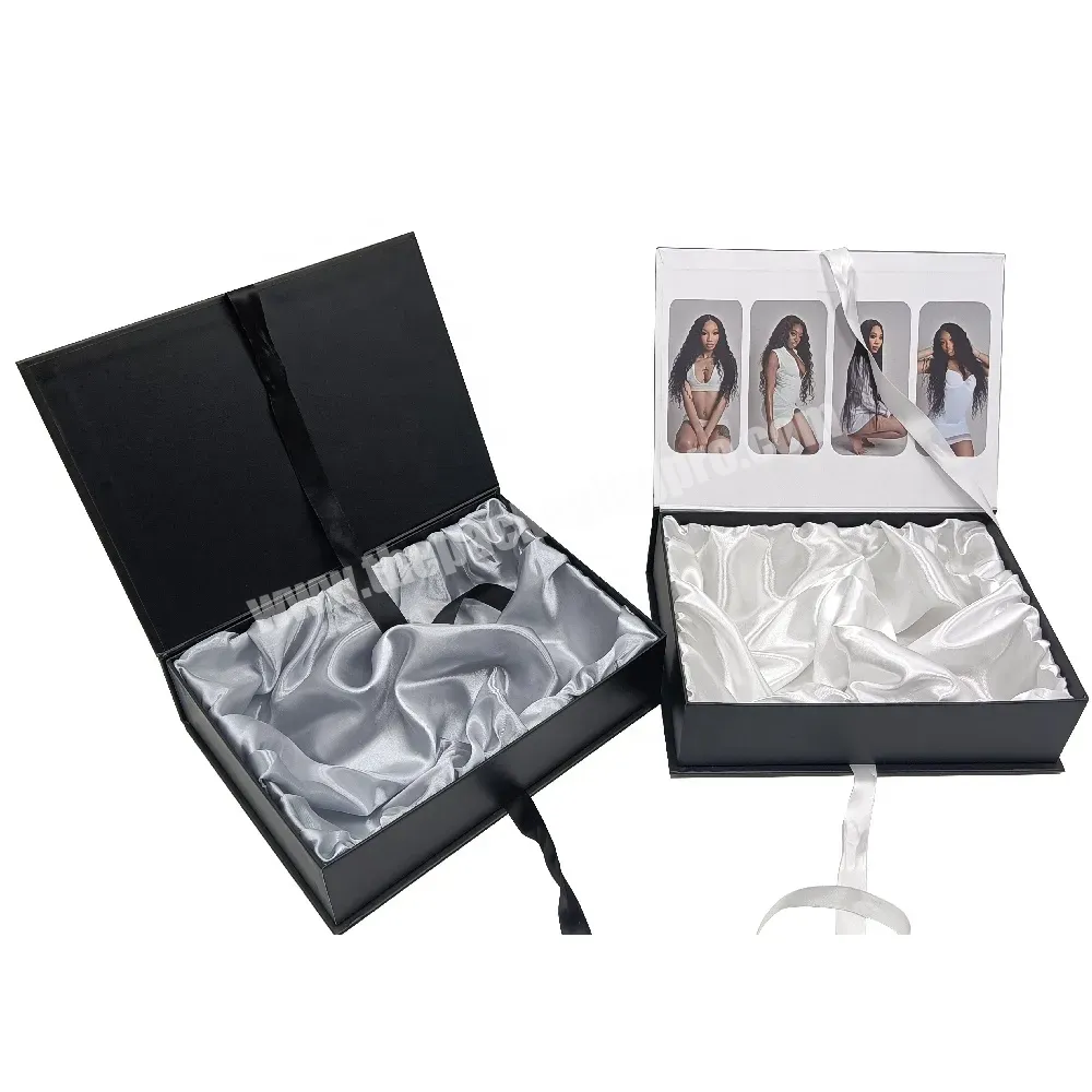 Custom Logo Luxury Black Cardboard Women Bundle Hair Extension Gift Boxes Ribbon Wig Box Packaging With Satin Insert For Wigs - Buy Hair Bundles Packaging Box,Custom Wig Boxes With Logo,Rigid Boxes.